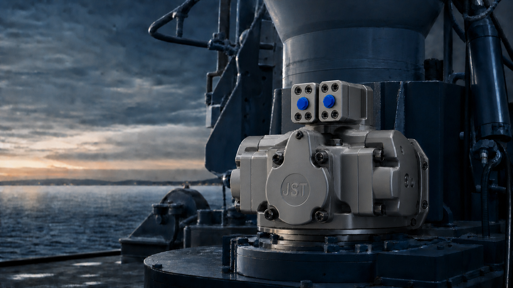 JST hydraulic motor mounted on a marine equipment flange