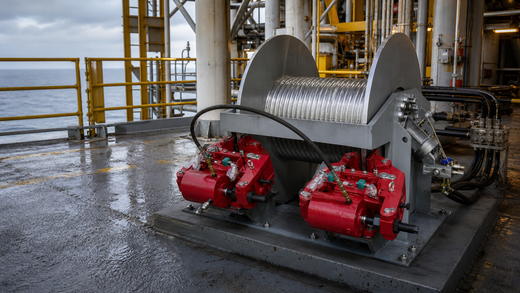 Hydraulic winch system on an offshore platform