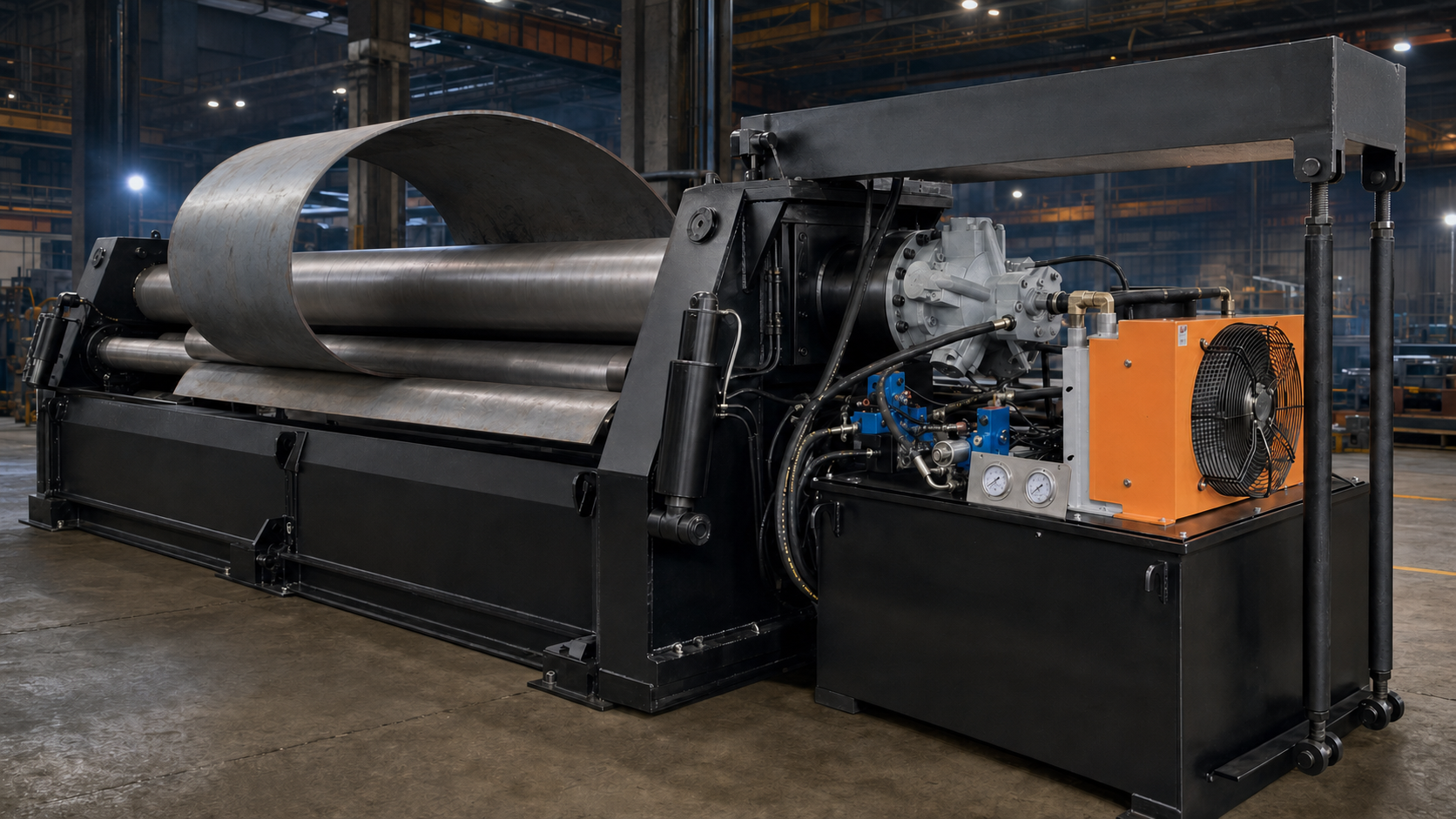 Hydraulic four-roll plate bending machine forming a steel cylinder
