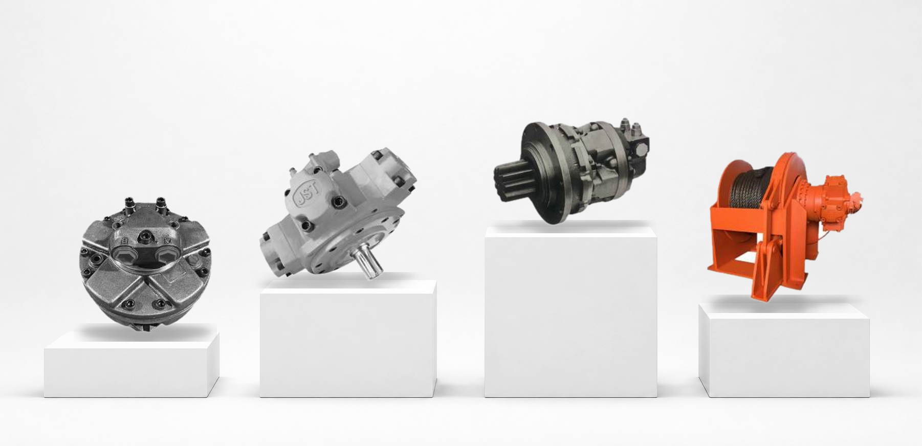 JNM and JHM hydraulic motors, a JSC hydraulic drive unit, and a JSJ hydraulic winch displayed on a white studio platform.
